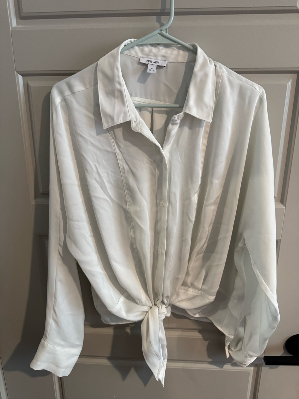 Nine West White Sheer Button Down Tie front Blouse